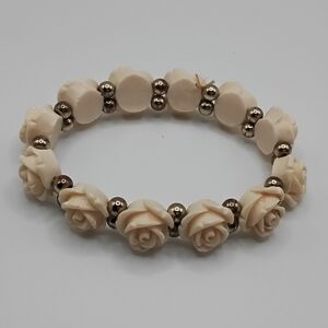 Elegant White Rose Bracelet w/ Gold Tone Plastic Beads